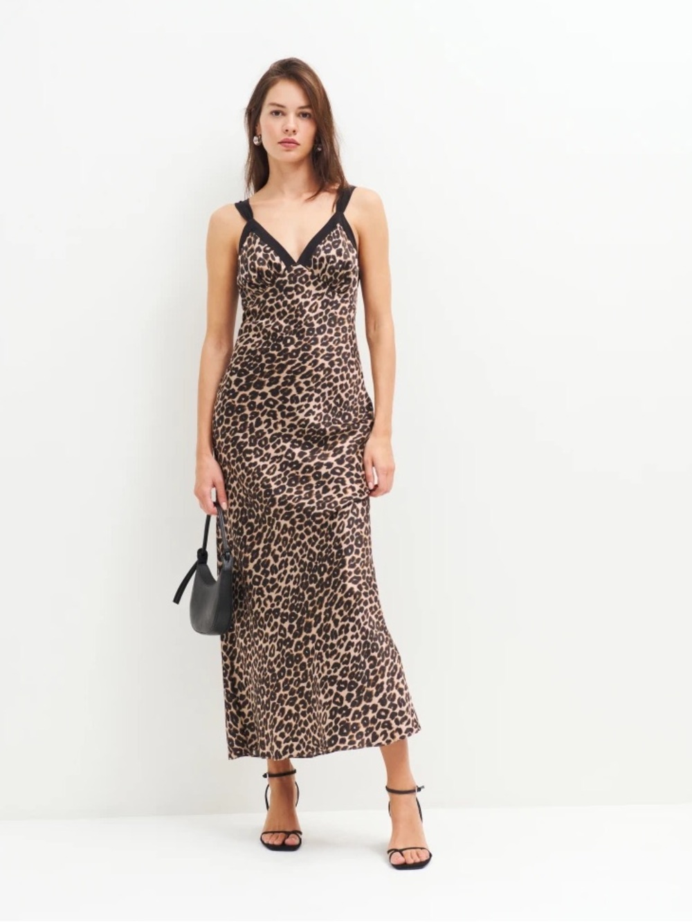 Reformation XS Neola Silk Maxi Dress Leopard Print Slip with Black Trim